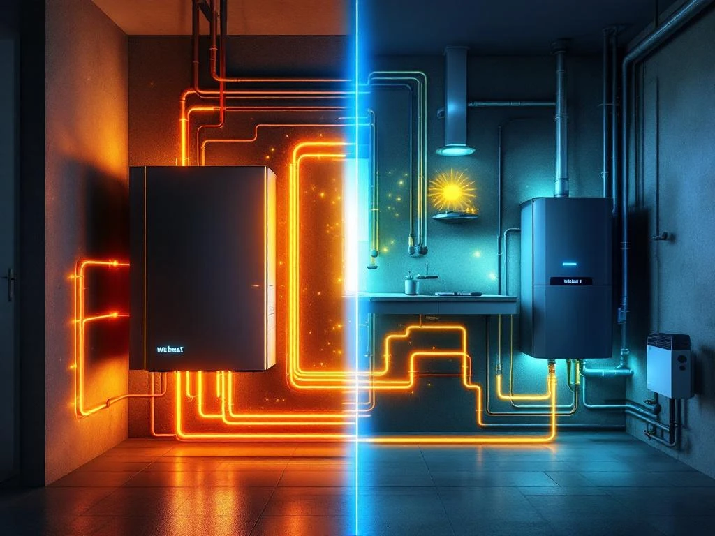 Weheat warmtepomp verbonden met traditionele ketel via oranje energiestromen in moderne Nederlandse woning dwarsdoorsnede