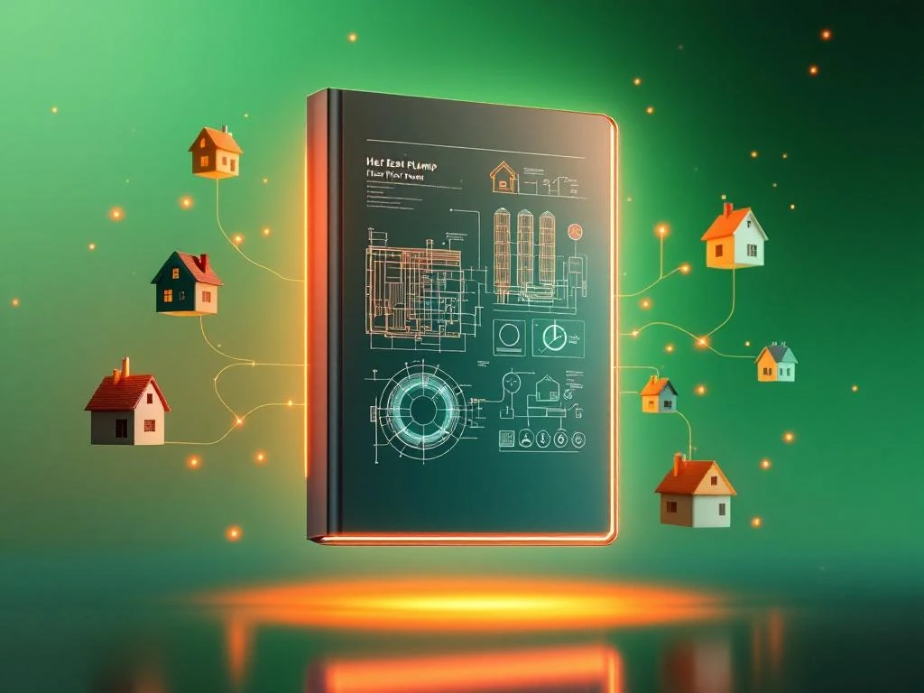 E-book over warmtepompen zweeft centraal met oranje-groene energiegolven, omringd door Nederlandse huizen met warmtepompsystemen