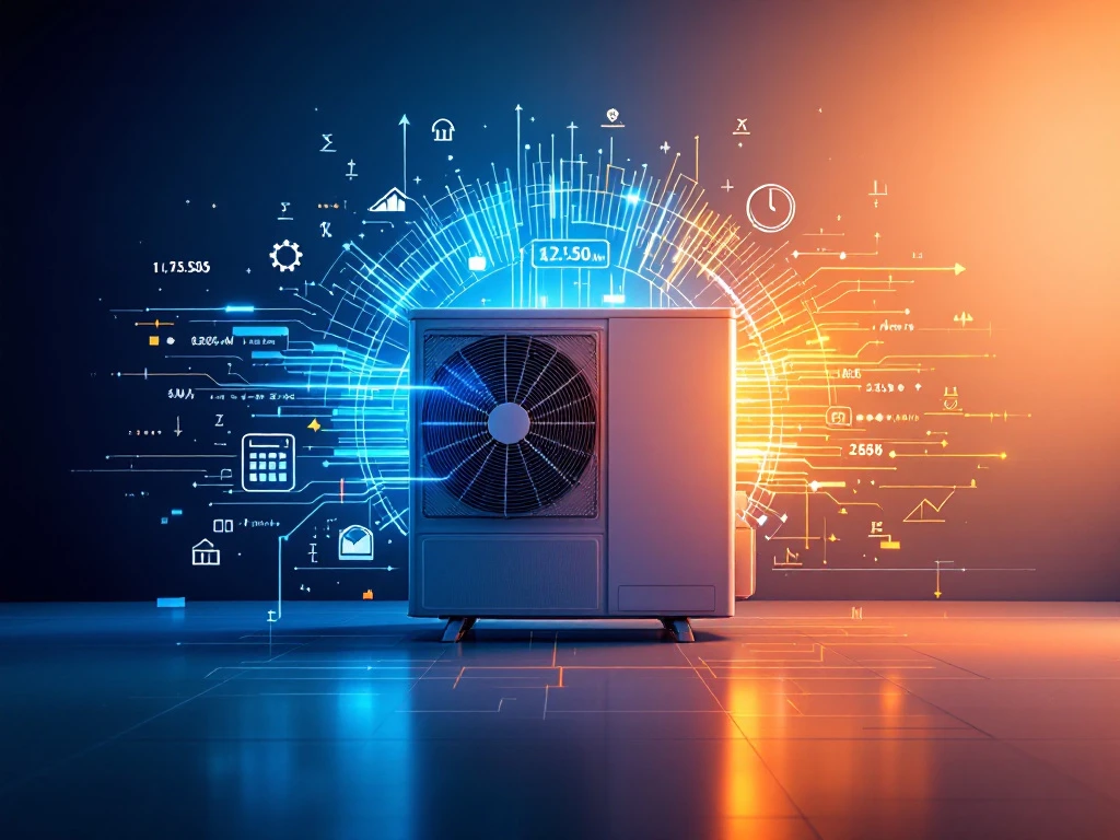 Moderne warmtepomp met blauwe en oranje energiestromen, wiskundige symbolen en meetinstrumenten voor vermogensberekening