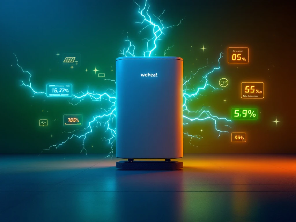 Weheat warmtepomp met blauwe energiegolven, digitale meters en groene verlichting die energie-efficiëntie toont