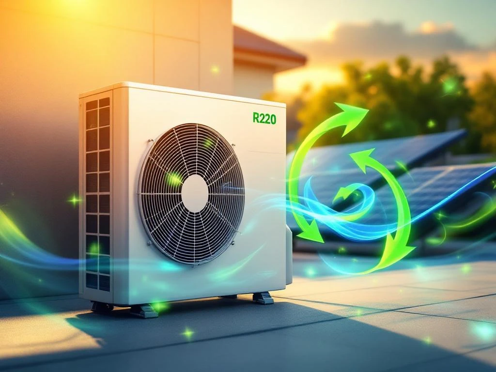 Witte warmtepomp bij modern huis met zonnepanelen, groene energie-efficiëntie pijlen en R290 koelmiddel visualisatie