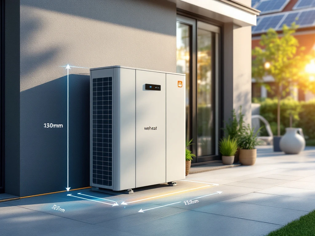Weheat warmtepomp met installatie-afstandsvereisten naast modern Nederlands huis met zonnepanelen