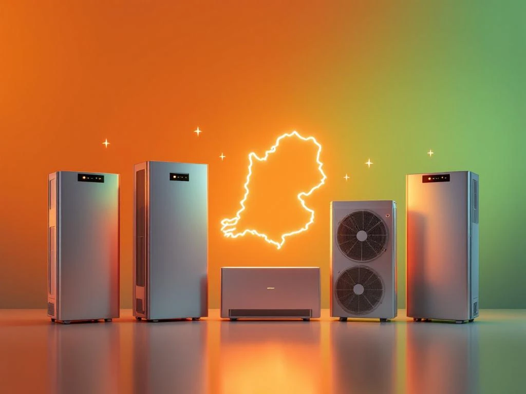 Vijf moderne warmtepompen in halve cirkel rond kaart van Utrecht tegen oranje-groene achtergrond met energie-iconen