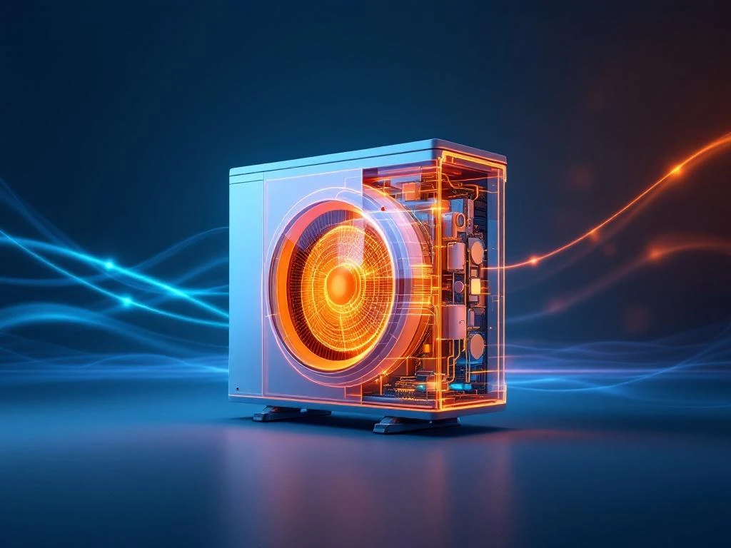 Moderne warmtepomp met zichtbare inverter-onderdelen en dynamische energiestromen in blauw-oranje tinten