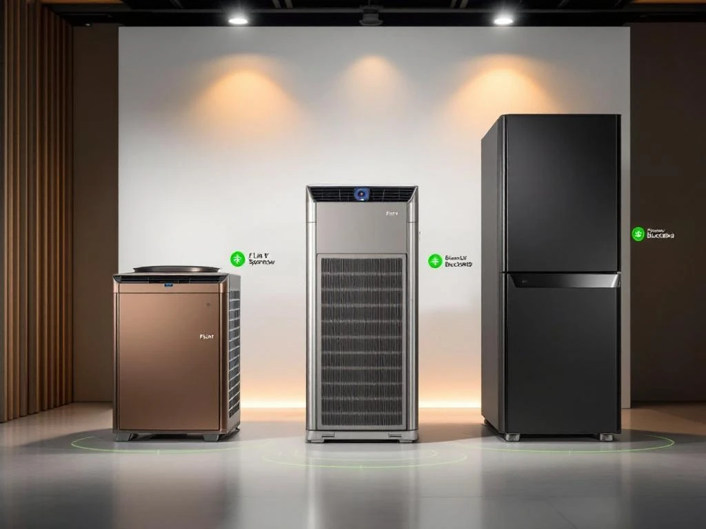 Drie warmtepomp modellen in showroom: compacte Flint links, middelgrote Sparrow midden, grote Blackbird rechts