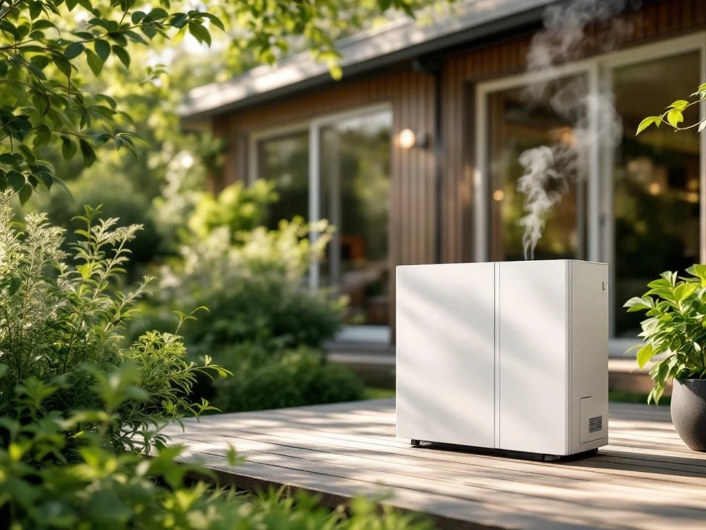 Witte warmtepomp op houten terras naast Nederlands huis met groene beplanting en zachte ochtendzon