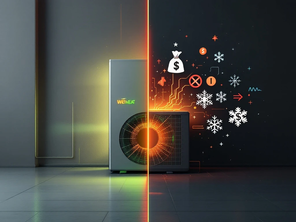 Weheat warmtepomp met groene energie-indicatoren naast doorgestreepte mythes over kosten, geluid en winterprestaties