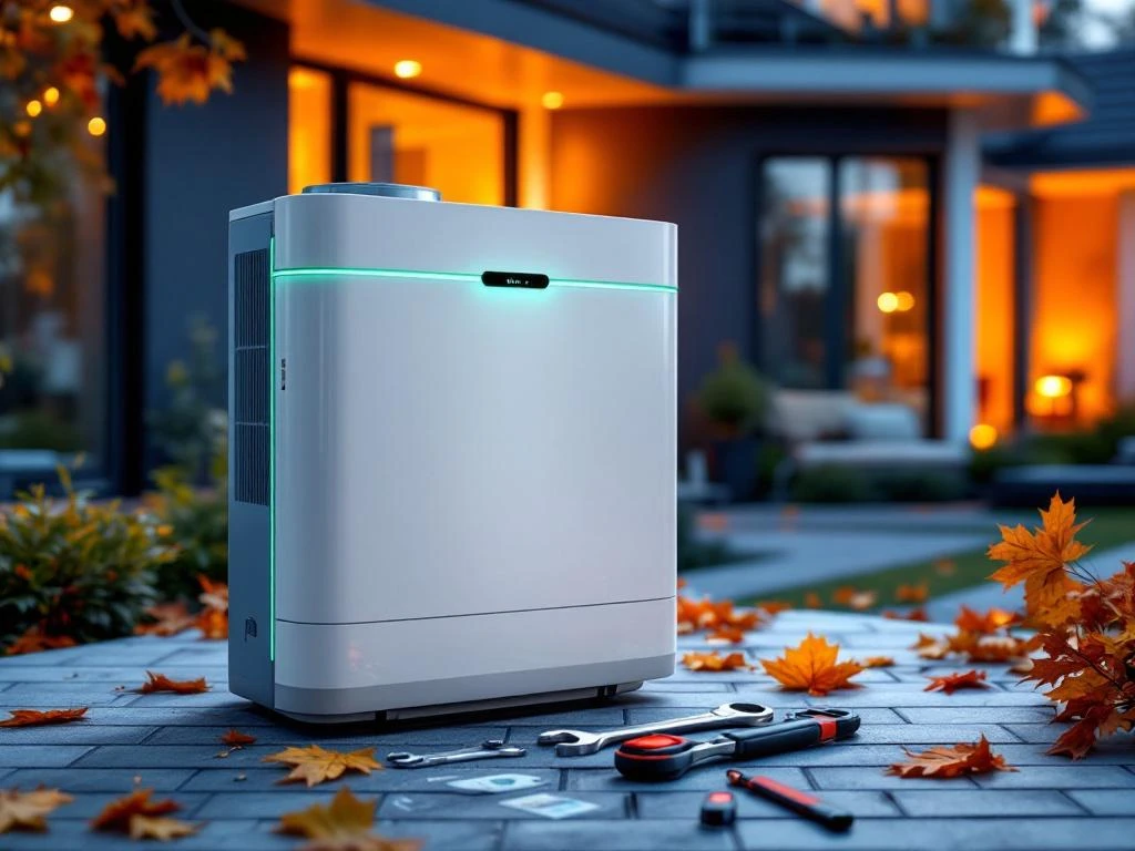 Weheat warmtepomp met onderhoudsgereedschap voor moderne Nederlandse woning, groene verlichting en technische indicatoren