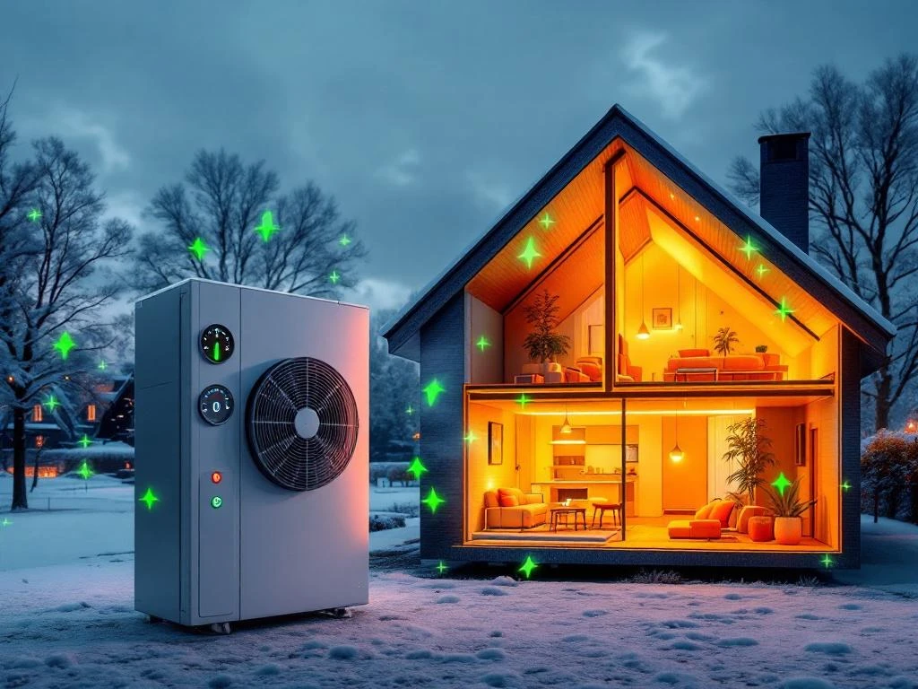 Moderne warmtepomp met prestatie-indicatoren voor Nederlands huis met warme kamers in winter, groene energie-efficiëntie