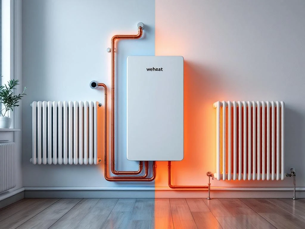 Weheat warmtepomp aangesloten op witte radiatoren via koperen leidingen in modern Nederlands interieur