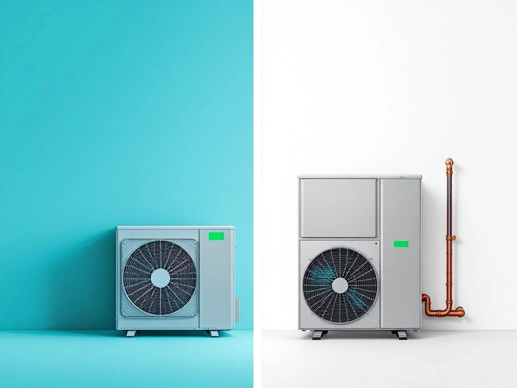 Vergelijking van twee moderne warmtepompsystemen: compacte monoblock unit links en split-systeem rechts op blauwe achtergrond