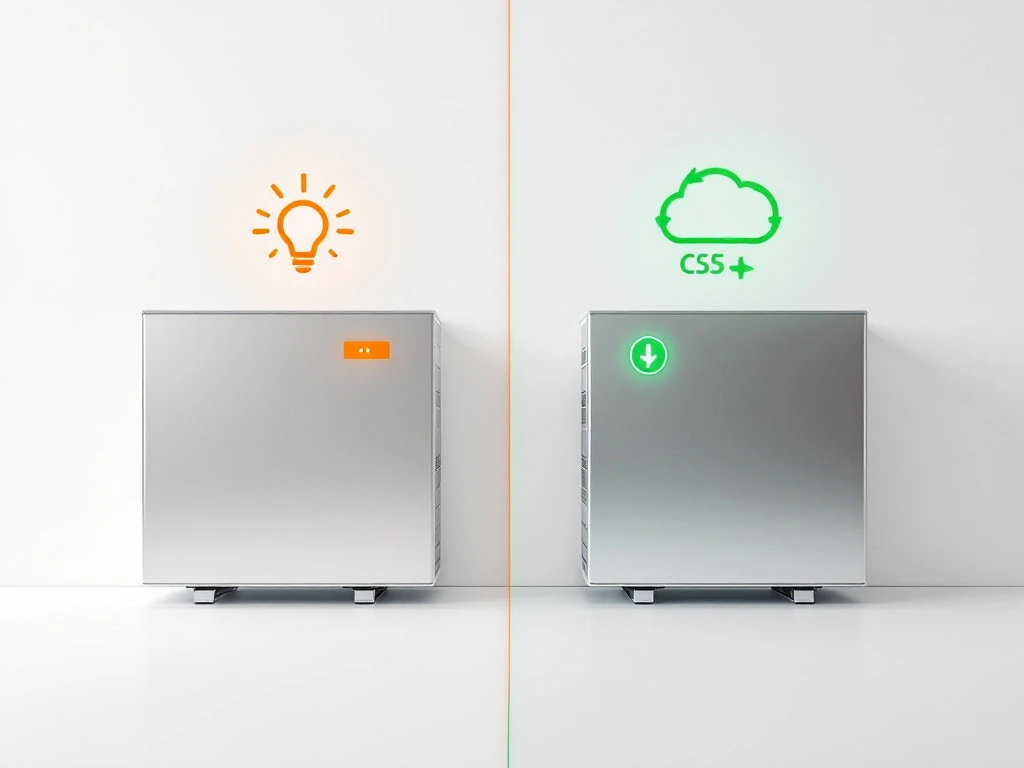 Vergelijking van hybride warmtepomp met oranje accenten en elektrische warmtepomp met groene accenten, inclusief efficiëntie-iconen