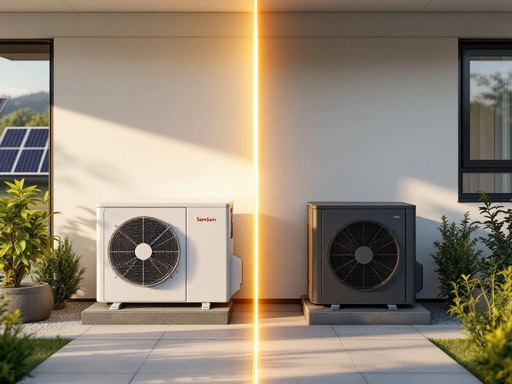 Twee moderne warmtepompen naast elkaar bij eigentijds huis met zonnepanelen en duurzame energie-elementen