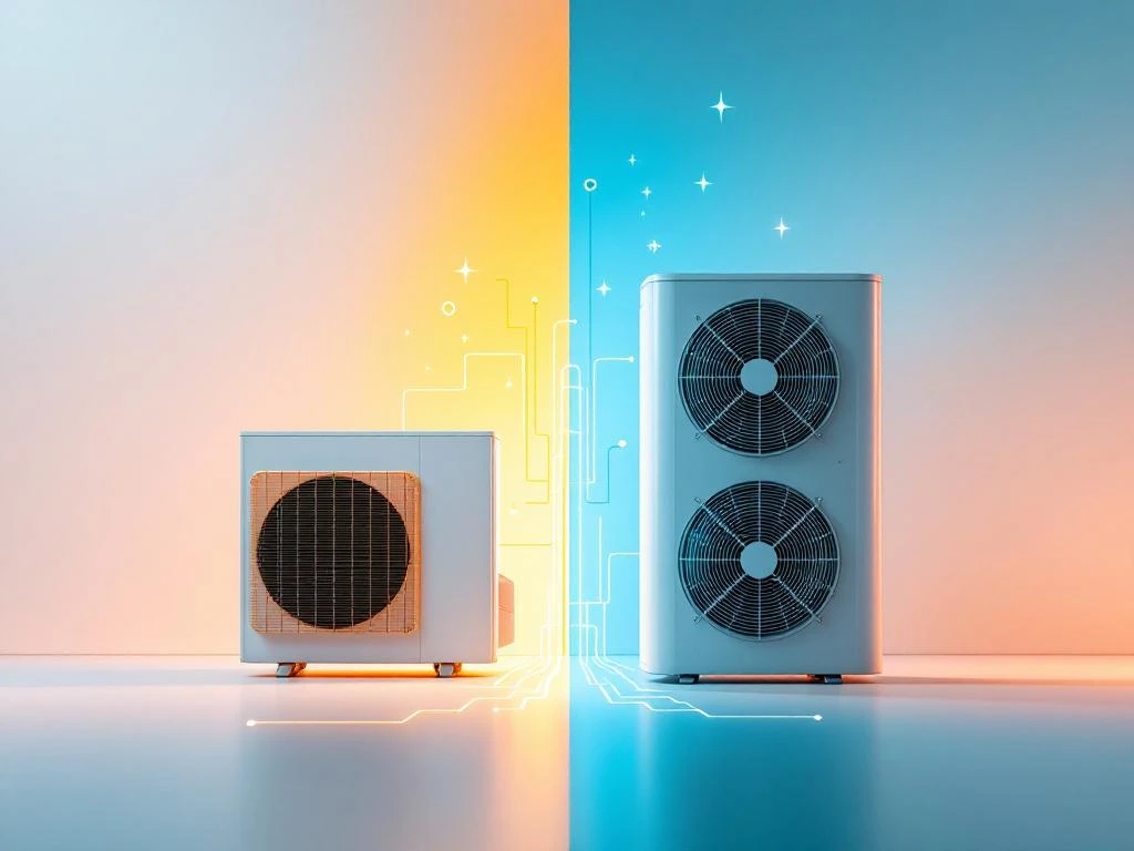 Twee moderne warmtepompen naast elkaar met groene en blauwe energiestromen in warme en koele belichting