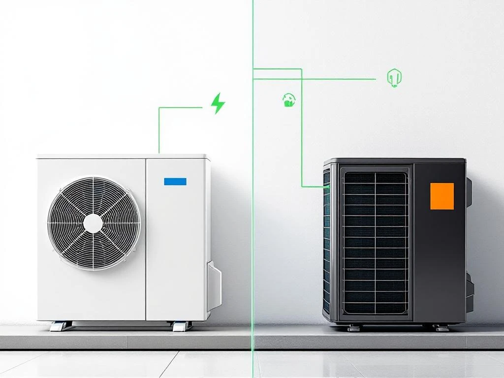 Vergelijking van twee moderne warmtepompen: witte unit met blauwe accenten naast zwarte unit met oranje details