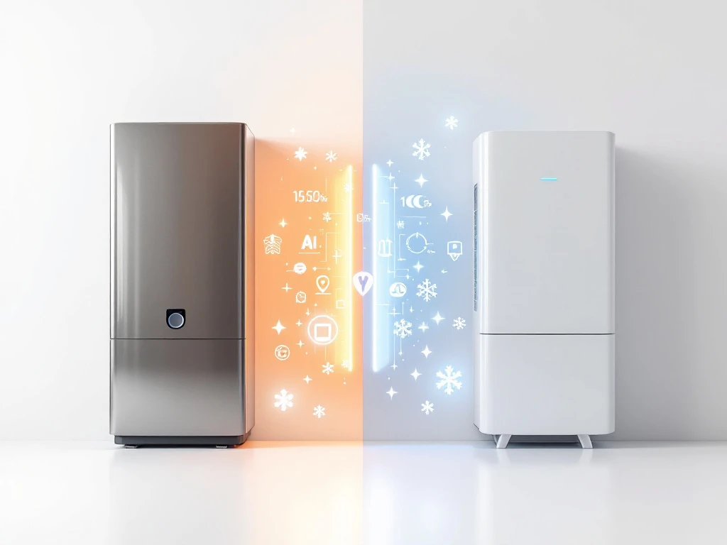 Vergelijking van twee moderne warmtepompen: grijze traditionele unit links, witte futuristische rechts met efficiëntie-iconen