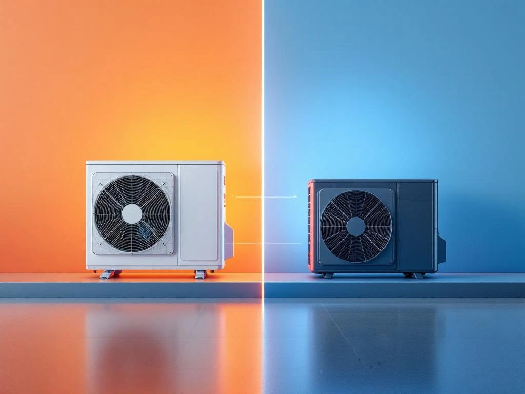 Vergelijking van twee moderne warmtepompen: witte premium unit links, donkere compacte unit rechts met energiestromen