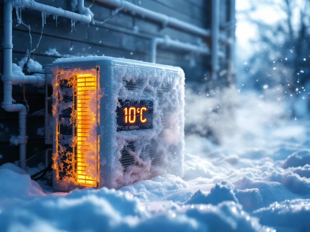 Witte warmtepomp bedekt met rijp en ijskristallen toont -10°C op display, werkend in extreme winterkou