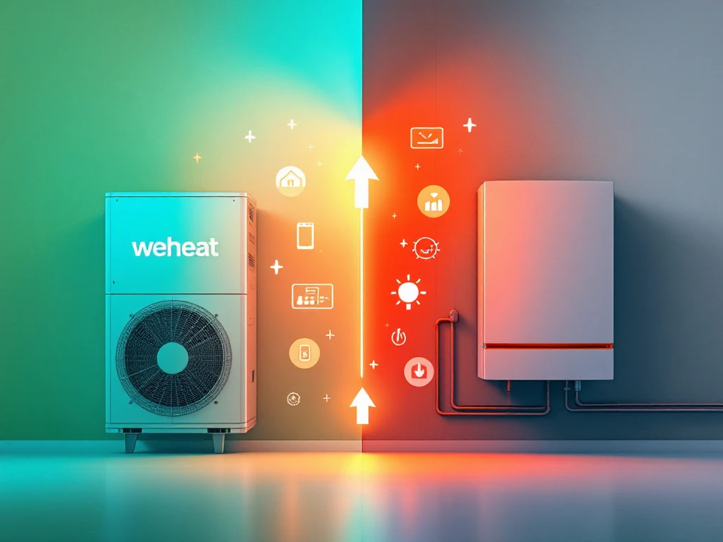 Weheat warmtepomp versus traditionele gasketel vergelijking met energie-efficiëntie en duurzaamheidspictogrammen