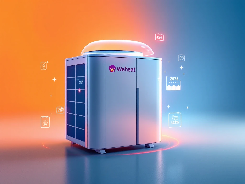 Weheat warmtepomp met beschermende koepel en digitale betrouwbaarheidsindicatoren op oranje-blauwe achtergrond
