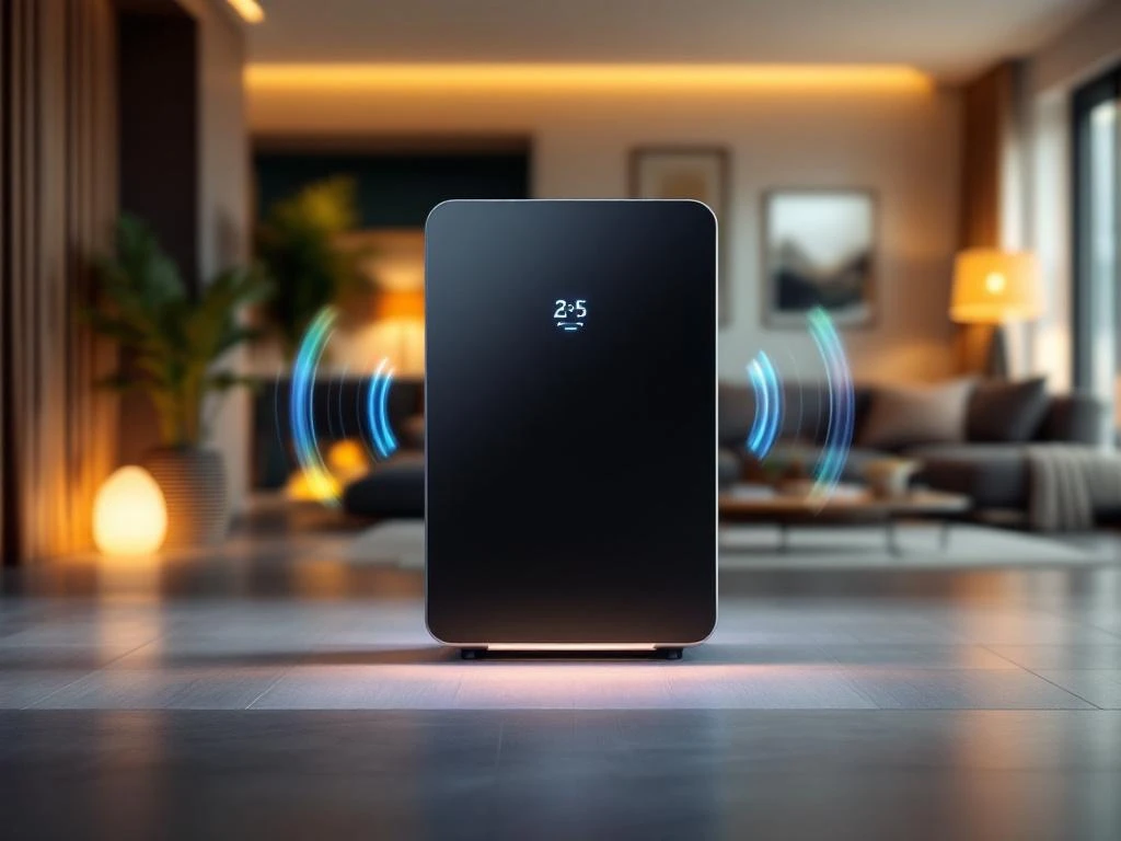 Moderne zwarte warmtepomp in stijlvol Nederlands interieur met energiezuinige verlichting en geluidsindicatoren