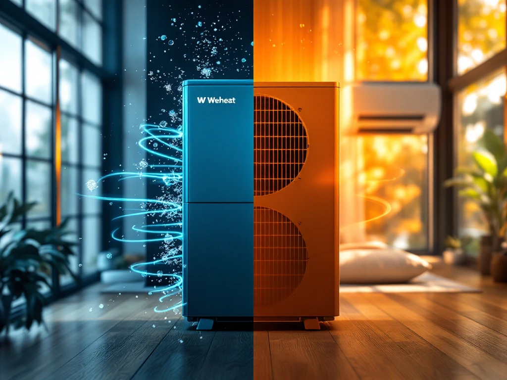 Moderne Weheat warmtepomp met blauwe koeling tegenover traditionele airco met oranje verwarming in Nederlandse woning
