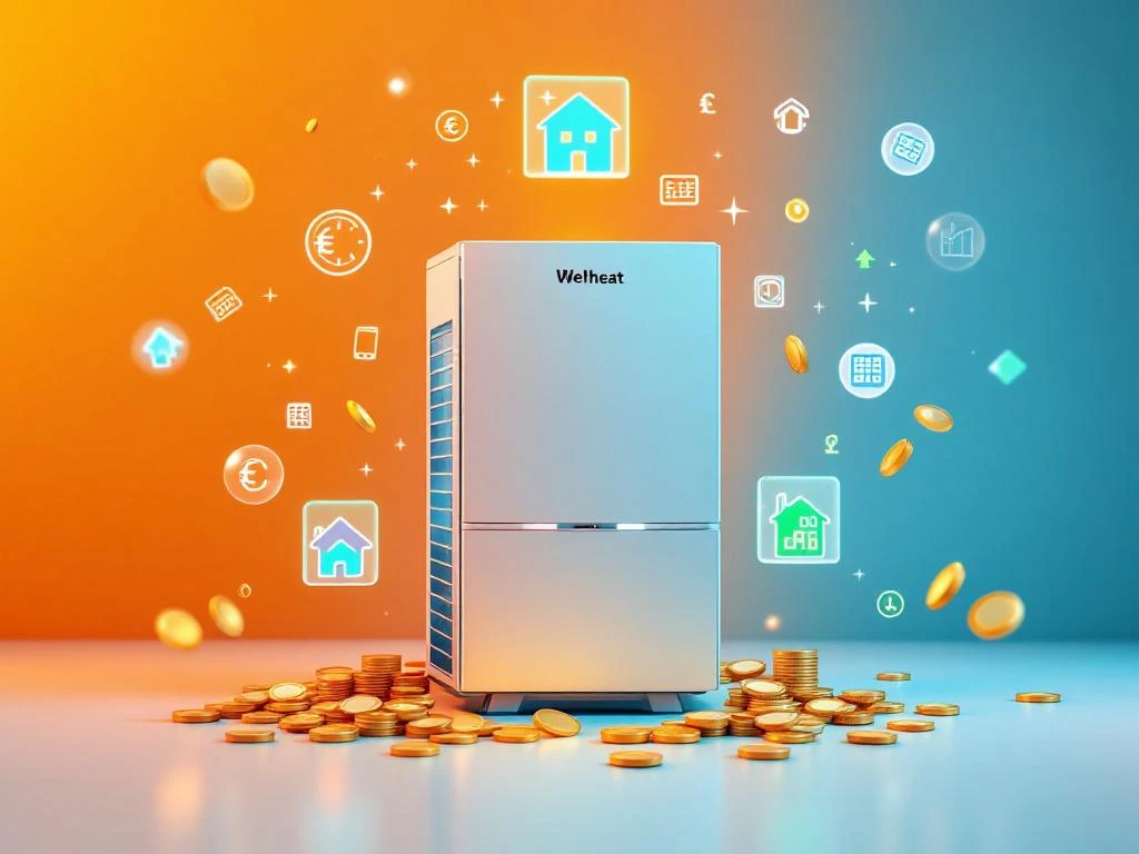 Weheat warmtepomp met duurzame energie-iconen, euro symbolen en calculator elementen op kleurrijke achtergrond