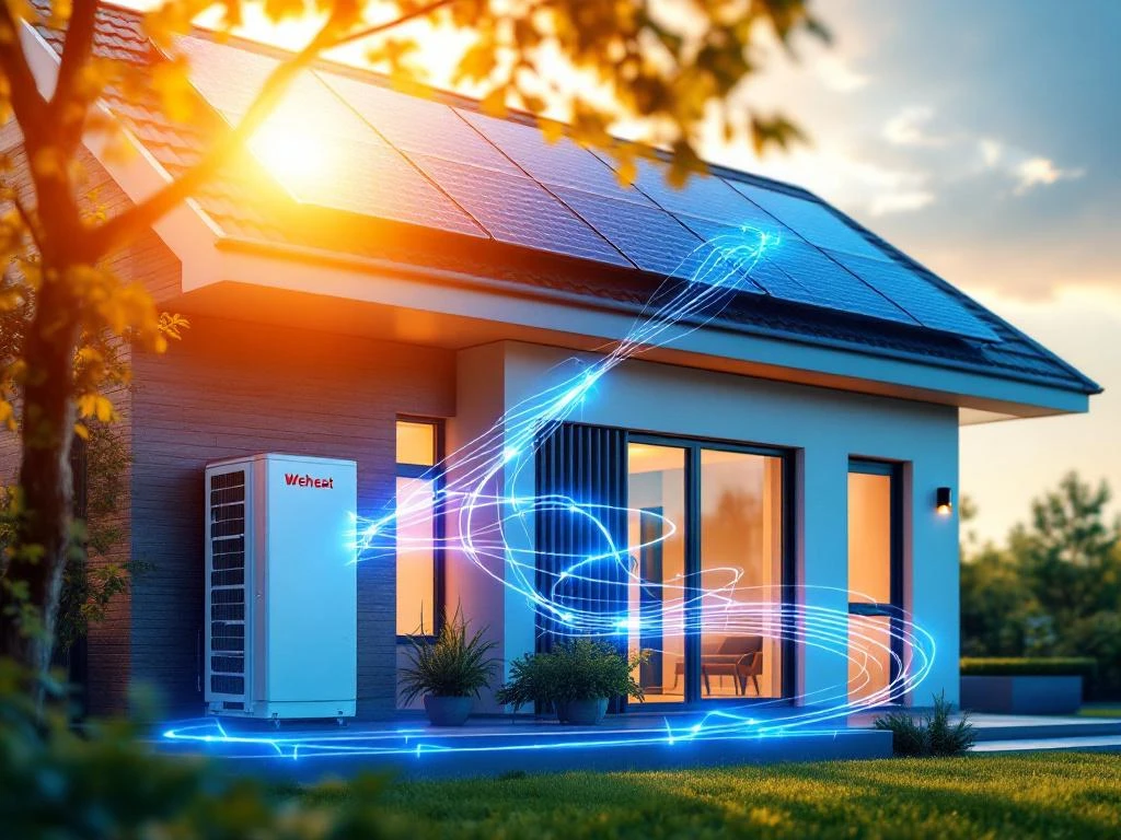 Moderne woning met zonnepanelen op dak verbonden met Weheat warmtepomp via gloeiende energielijnen in gouden zonlicht