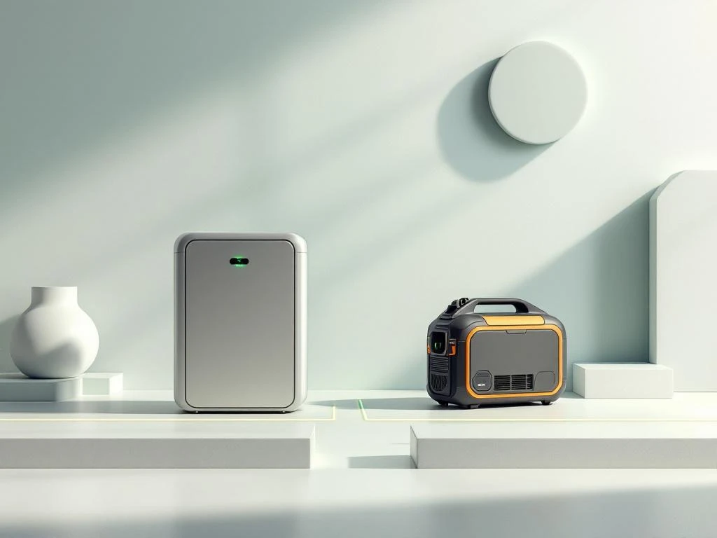 Moderne thuisbatterij en draagbare generator verbonden door geometrische lijnen op witte ondergrond met groene en blauwe accenten