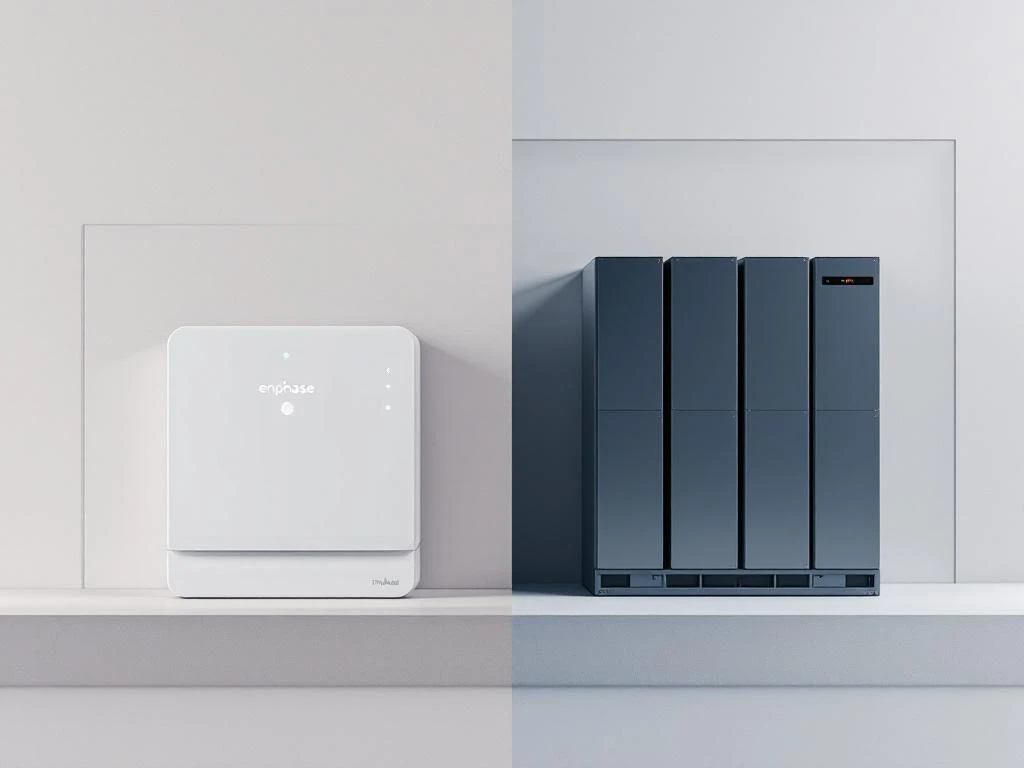 Vergelijking van moderne compacte Enphase thuisbatterij in wit-zilver naast traditionele grote batterijbank in donker metaal