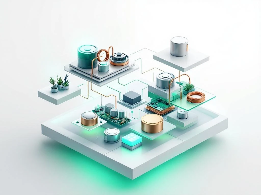Geëxplodeerde weergave van moderne thuisbatterij met zwevende onderdelen - batterijcellen, printplaten en behuizing in groen-blauw licht