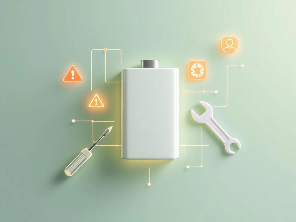 Witte thuisbatterij met gloeiende statuslamp, omringd door oranje waarschuwingssymbolen en gereedschapssilhouetten