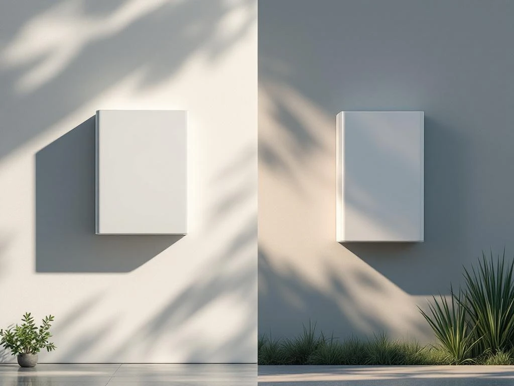 Moderne thuisbatterij in split-screen: links indoor wandmontage, rechts weerbestendige buitenbehuizing in tuin