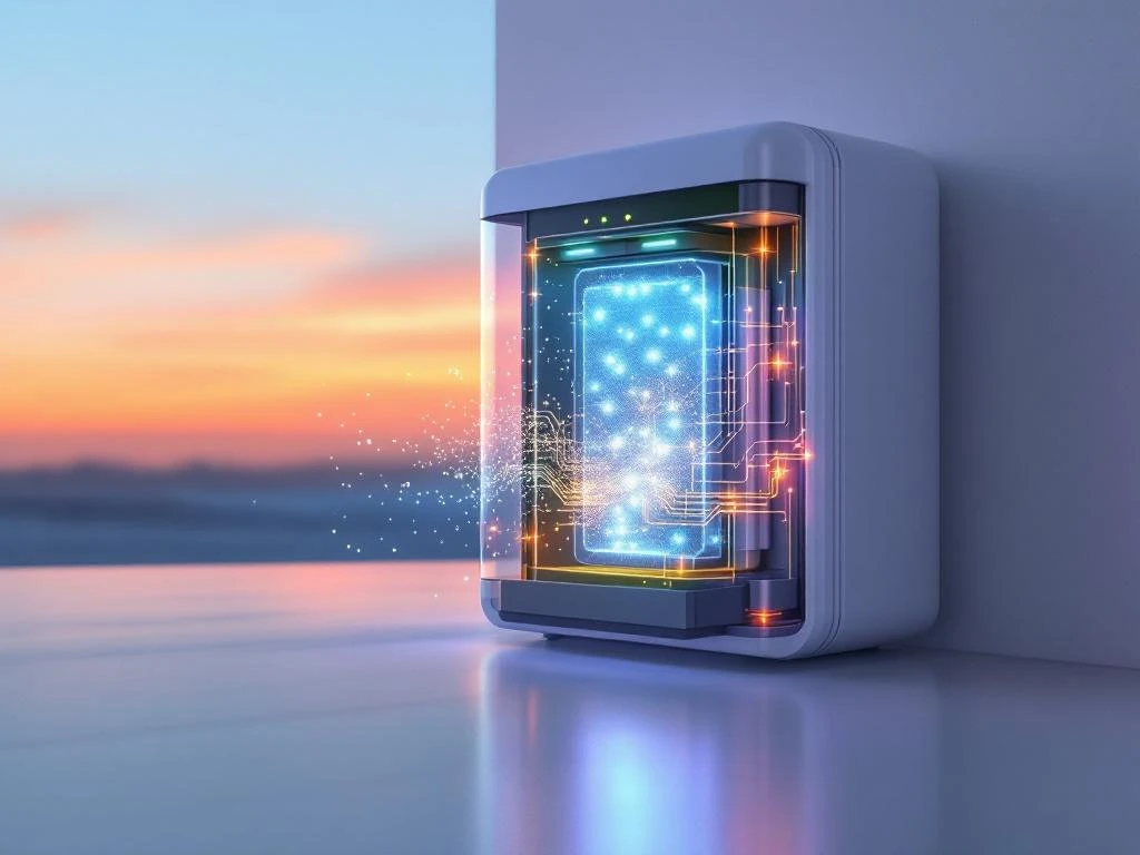 Moderne thuisbatterij in doorsnede met blauwe energiecellen en gloeiende LED-indicatoren voor duurzame stroomopslag