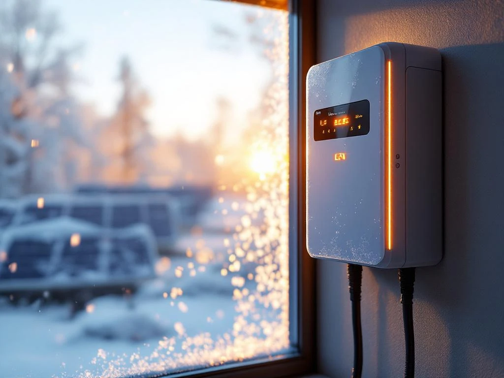 Moderne thuisbatterij aan muur in winterse omgeving met zonnepanelen op de achtergrond bedekt met sneeuw.