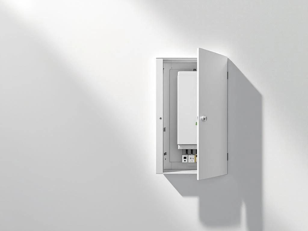 Open elektriciteitspaneel met georganiseerde stroomonderbrekers en moderne thuisbatterij in wit minimalistische setting