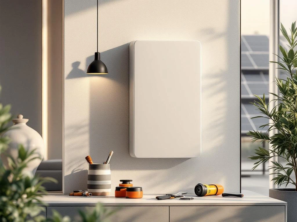 Witte Growatt thuisbatterij gemonteerd op muur met zonnepanelen op achtergrond en installatietools