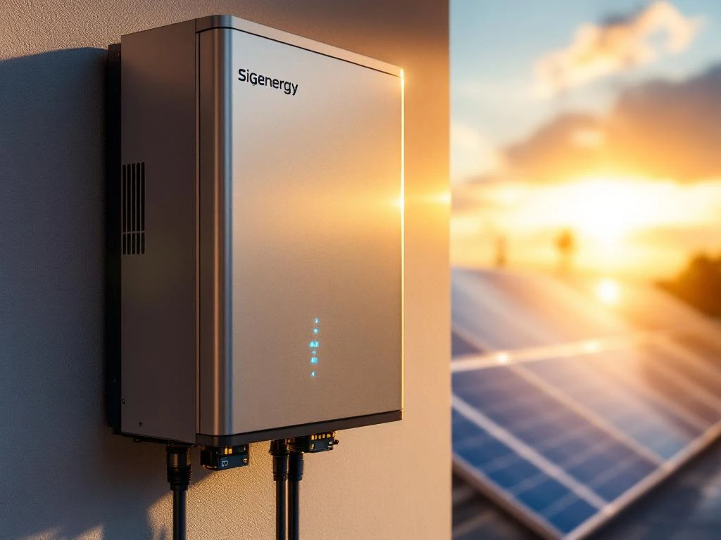 Sigenergy solar inverter met blauwe LED-indicatoren op moderne muur, zonnepanelen op achtergrond bij gouden uurtje
