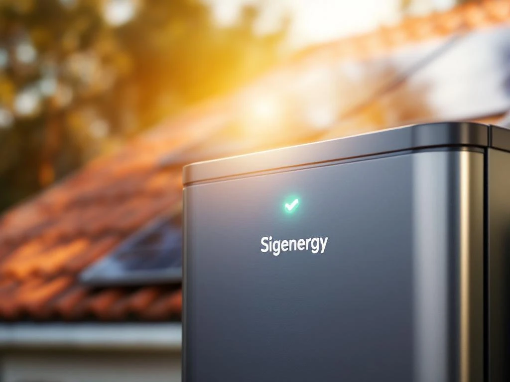 Sigenergy batterijopslag met zonnepanelen op pannendak, verlicht door zonlicht met groen vinkje hologram