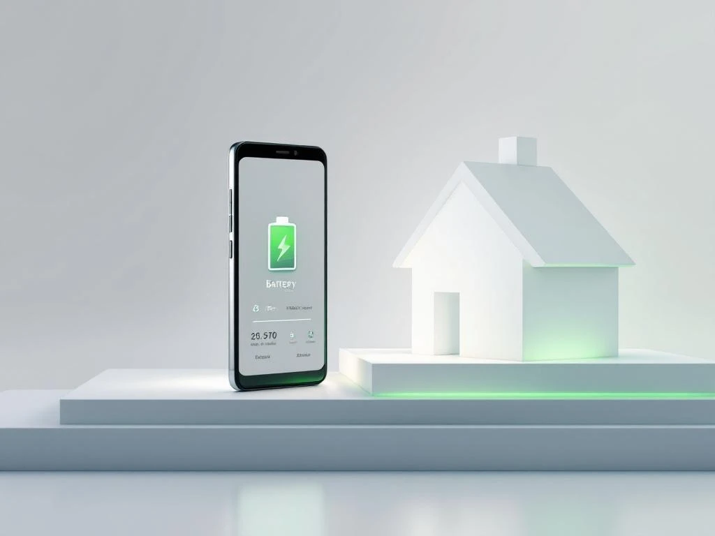 Smartphone met batterij-app naast wit huis silhouet, verbonden door groene en blauwe lichtstralen op witte achtergrond