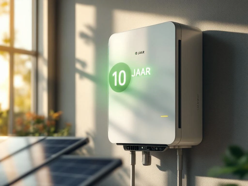 Witte thuisbatterij aan muur met holografisch 10-jaar garantiecertificaat en zonnepanelen op voorgrond