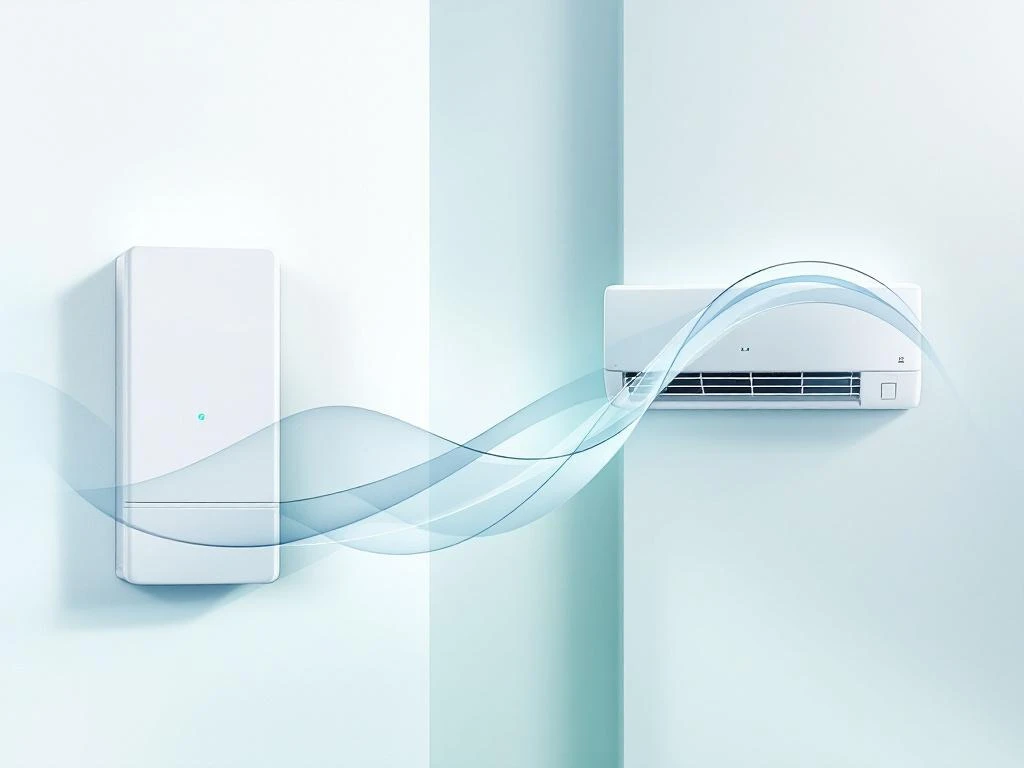 Moderne witte thuisbatterij verbonden met airconditioning unit via energieoverdracht lijnen op blauwe achtergrond