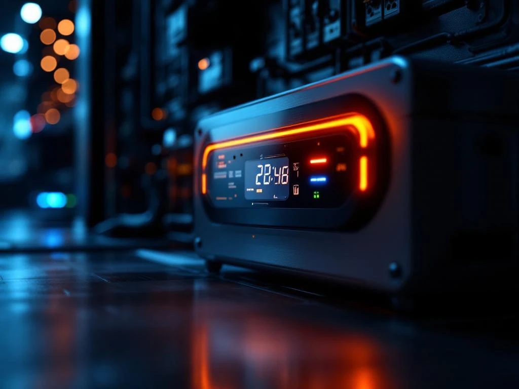 Moderne thuisbatterij met LED-indicatoren naast automatische schakelkast, verlicht door oranje en blauwe lichten