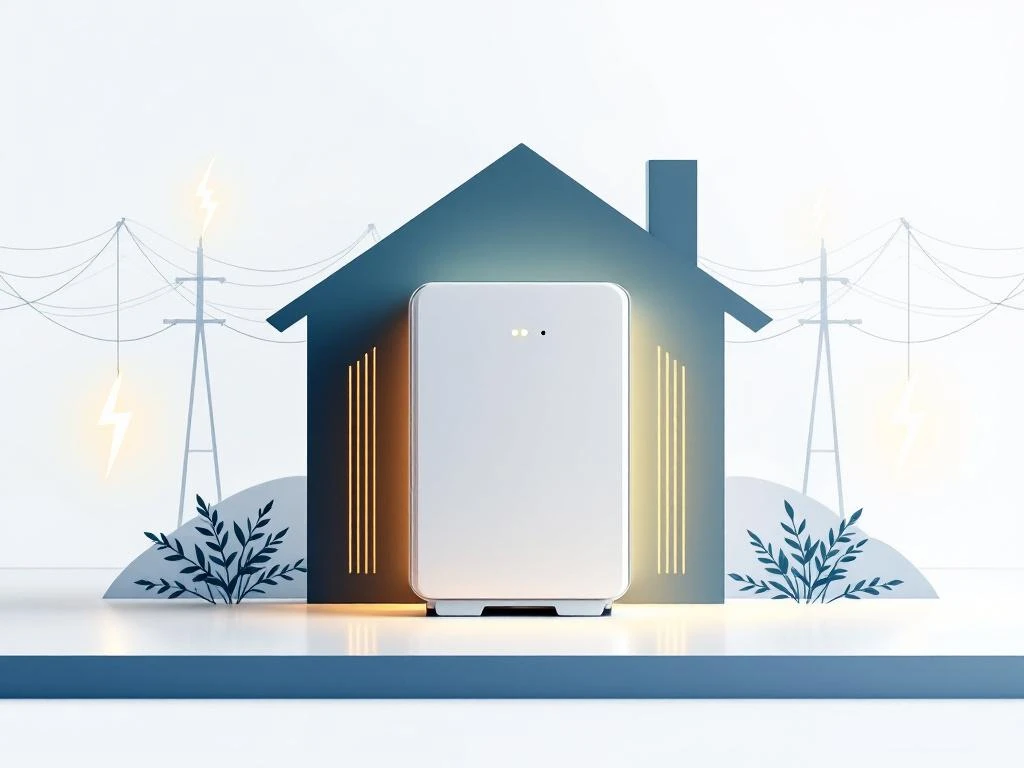 Moderne thuisbatterij met groene energiestromen tegen huissilhouet, met stroomnet dat vervaagt tijdens stroomuitval