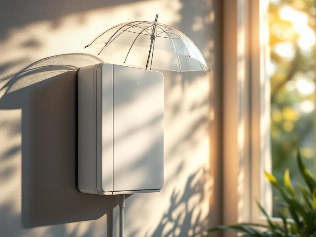 Witte thuisbatterij aan muur met beschermend schild, verlicht door natuurlijk zonlicht en veiligheidsverlichting

