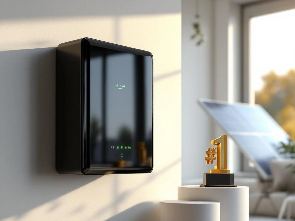 Moderne thuisbatterij met groene LED-indicatoren en nummer 1 trofee op wit gemonteerd, zonnepanelen op achtergrond