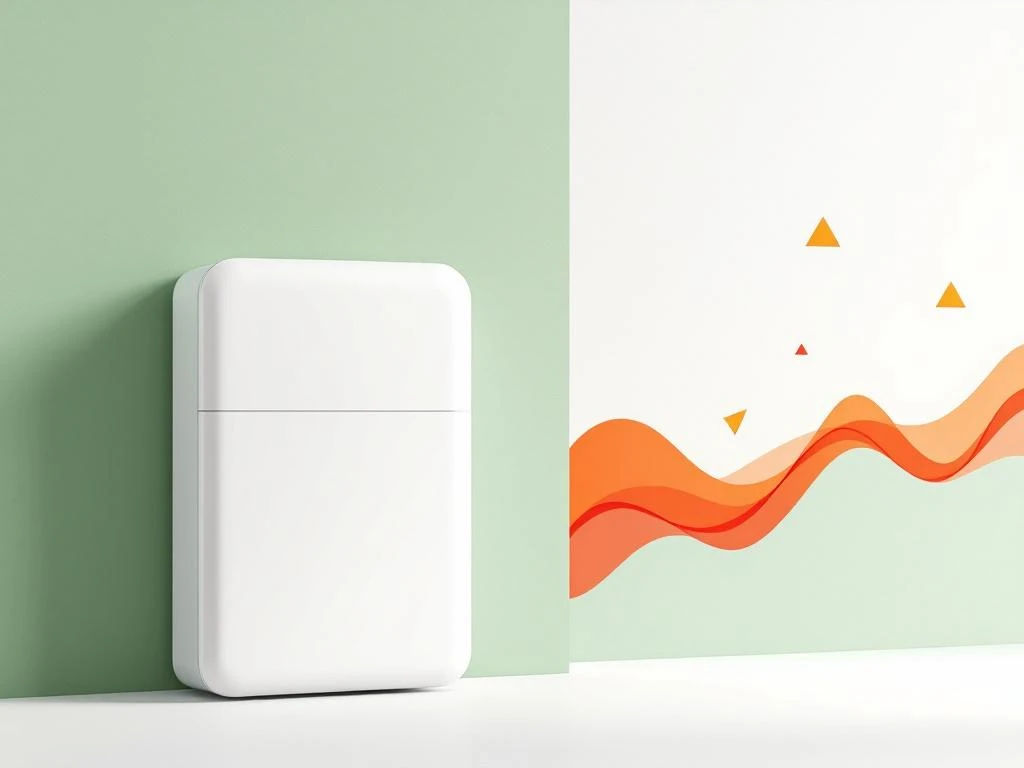 Witte thuisbatterij met oranje waarschuwingssymbolen voor brandveiligheid op groene gradiënt achtergrond