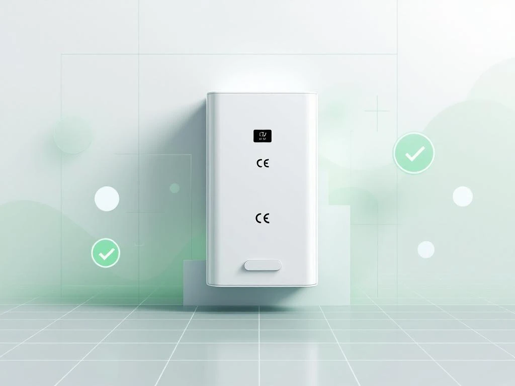 Moderne thuisbatterij met CE-certificering omringd door groene geometrische vormen op witte achtergrond