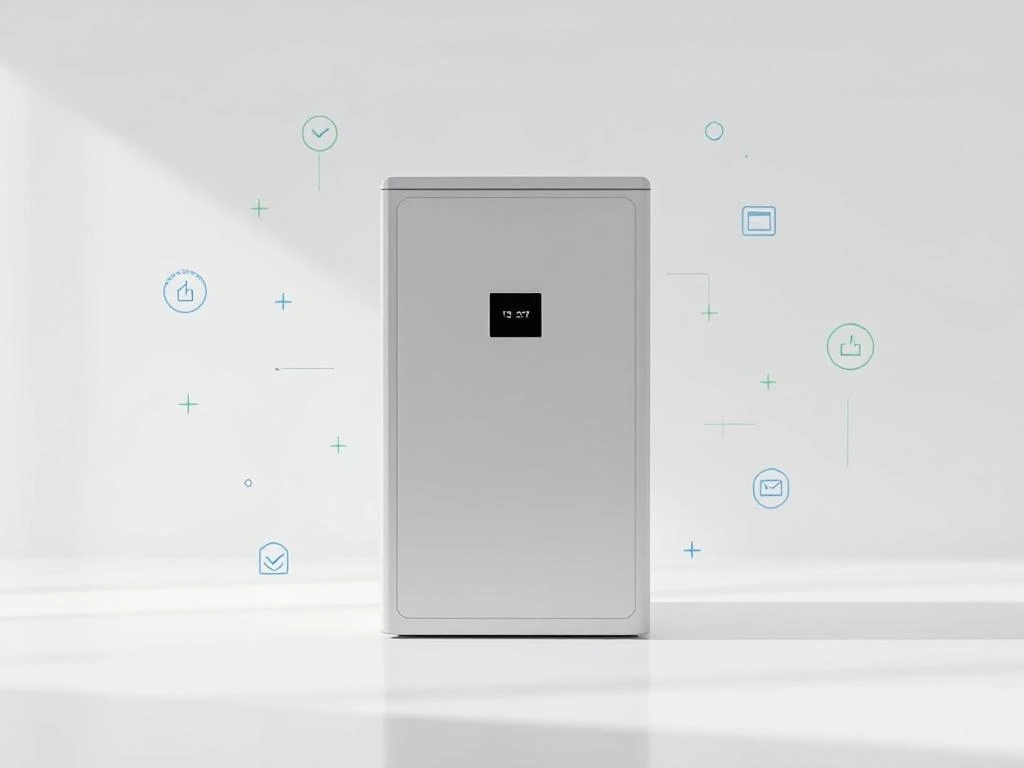 Moderne thuisbatterij met digitale interface en Nederlandse vlagkleuren, omringd door groene en blauwe certificeringssymbolen