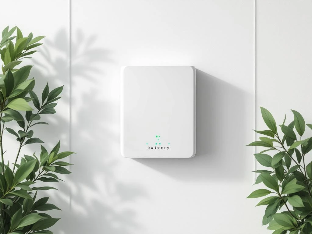 Compacte thuisbatterij met groene en blauwe LED-indicatoren op witte achtergrond voor energieopslag in kleine huishoudens